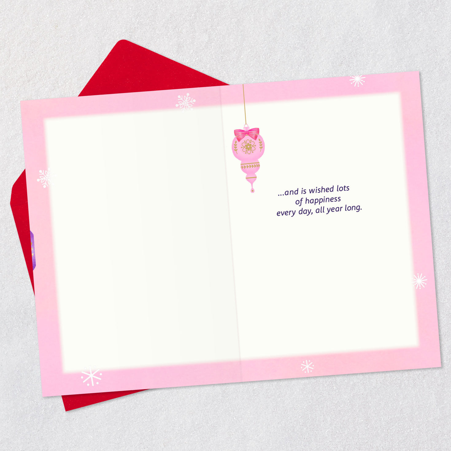 Pink, Teal and Purple Ornaments Niece Christmas Card Open card with envelope image number 3
