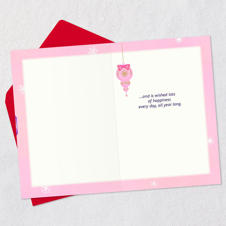 Pink, Teal and Purple Ornaments Niece Christmas Card Open card with envelope image number 3