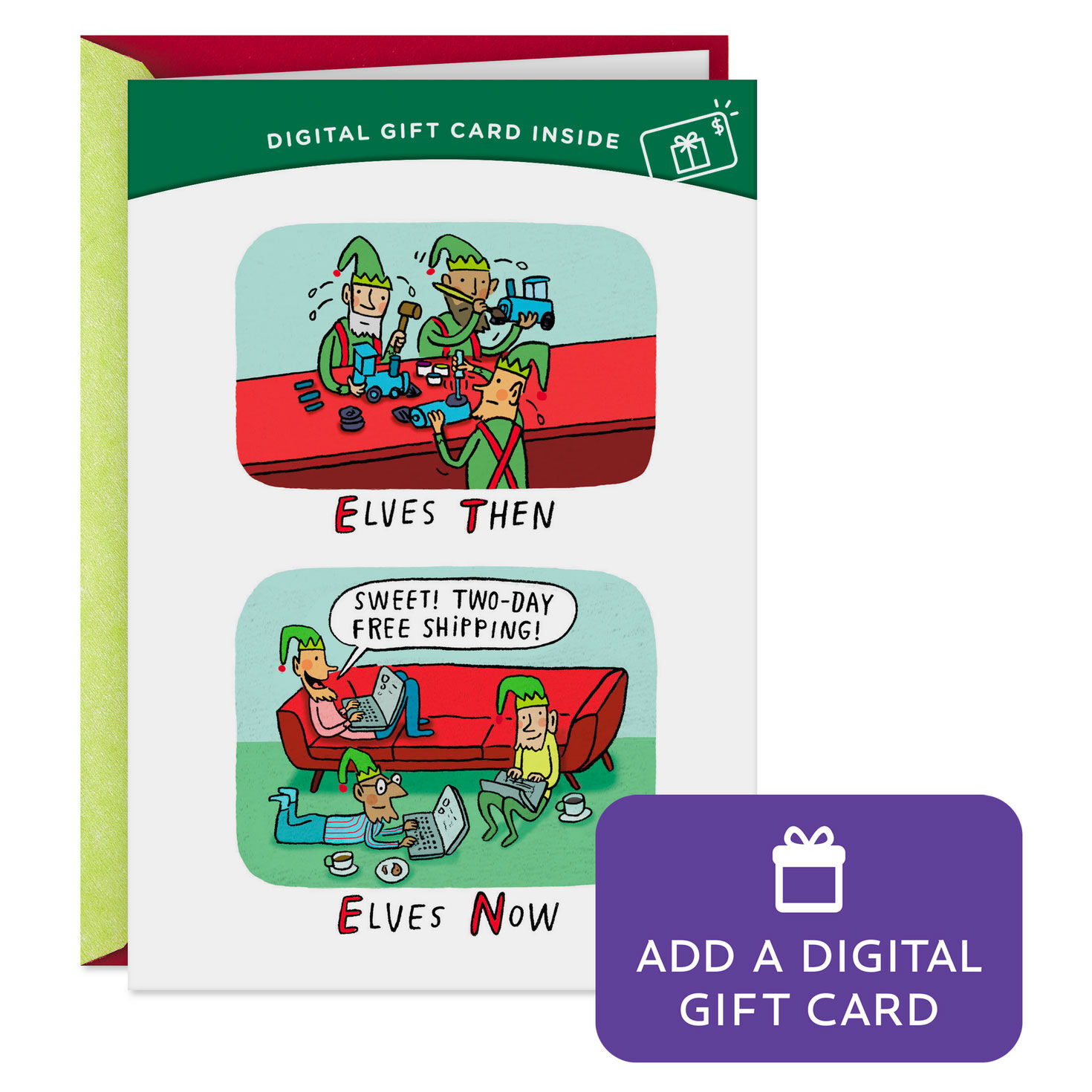 Elves Then and Now Gift Card Greeting Funny Christmas Card
