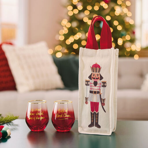 Nutcracker Bottle Bag and Stemless Wine Glasses Holiday Gift Bundle, Set of 3, 