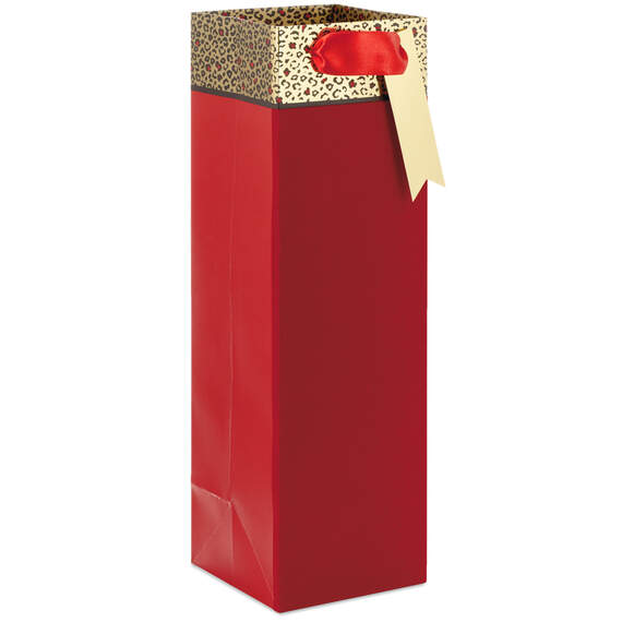 13" Red With Leopard Print Wine Bottle Gift Bag, , large image number 1