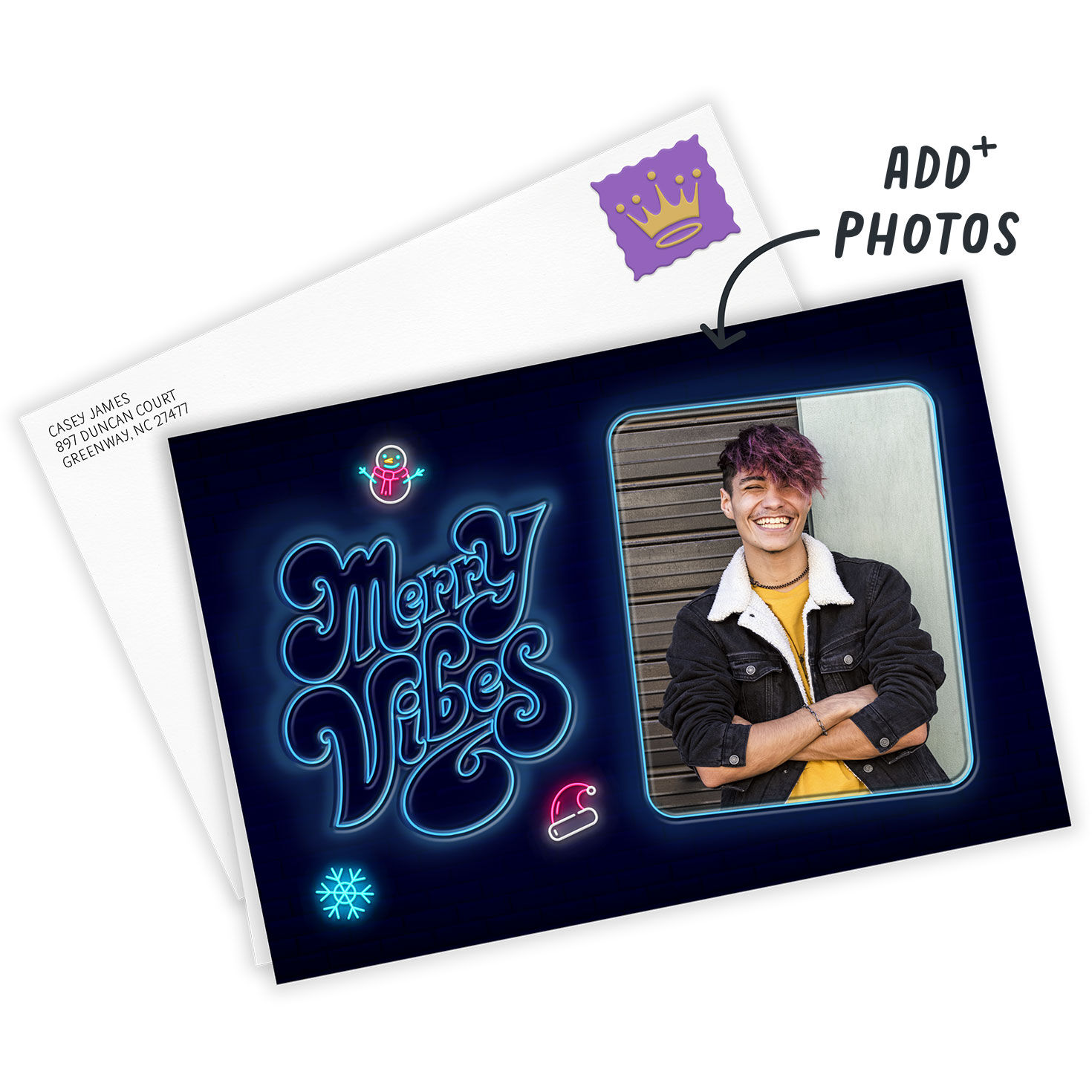 Blue Neon Symbols Personalized Holiday Card Card Front indicating personalization image number 2