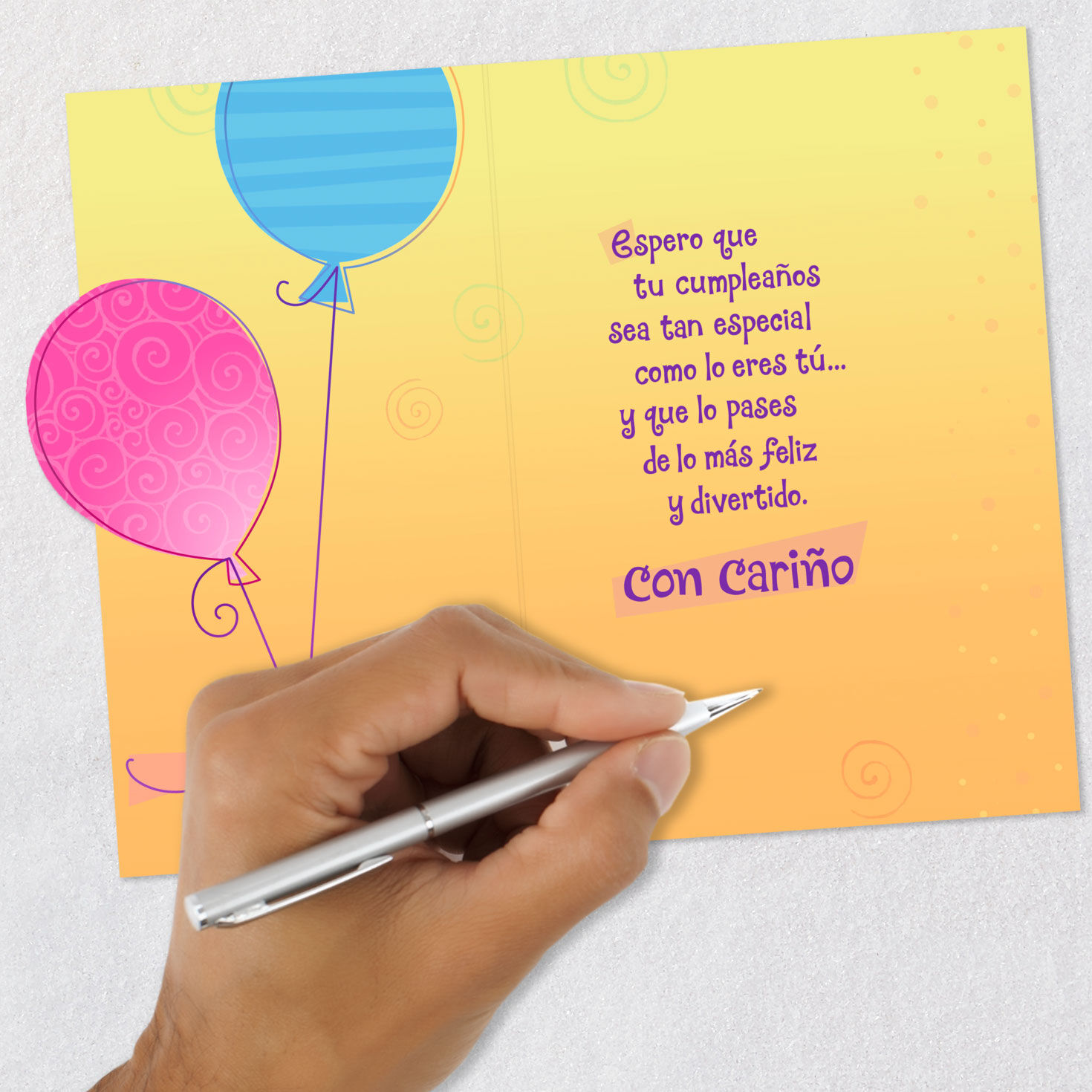 Yellow Pink Blue Balloons Birthday Card in Spanish Signing card image number 6
