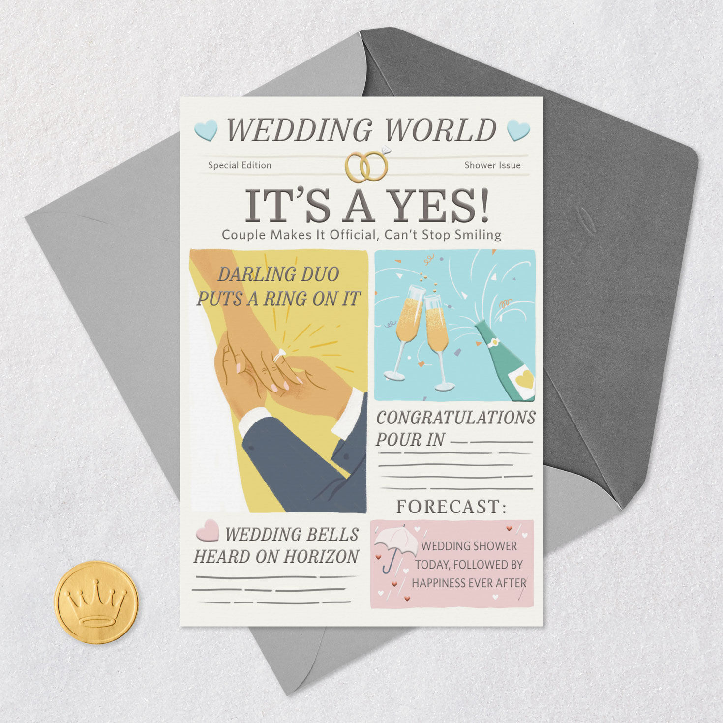 Newspaper Cartoon Wedding Card for Couple Card Front with Envelope and Gold Seal image number 5