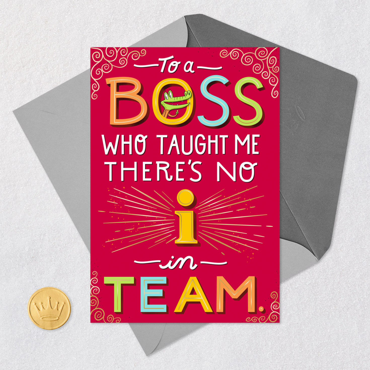 Alligator Cartoon Funny Boss's Day Card Card Front with Envelope and Gold Seal image number 5