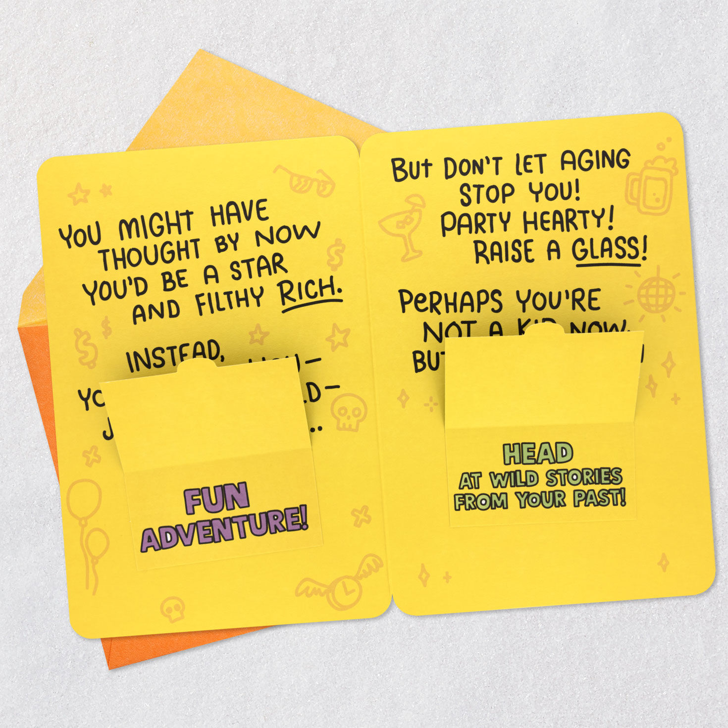 Yellow Birthday Icons Lift-the-Flap Birthday Card Open card with envelope image number 5