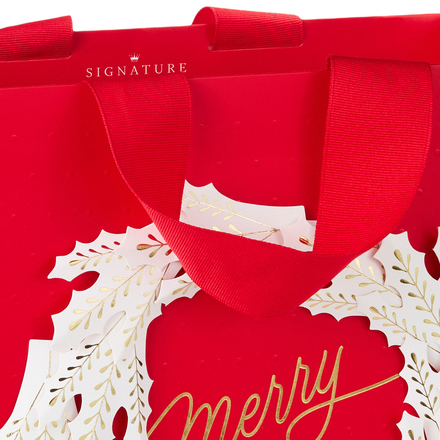 White and Gold Wreath on Red Christmas Gift Bag Handle Detail image number 4