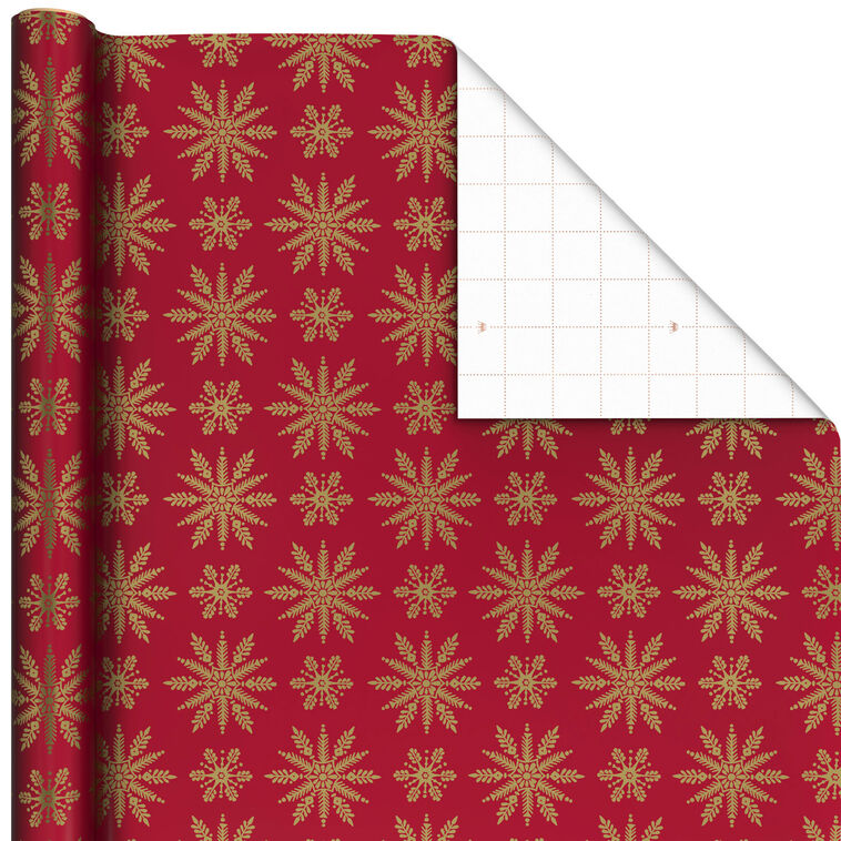 Elegant Gold Snowflakes on Red Holiday Wrapping Paper Roll, 22.5 sq. ft.