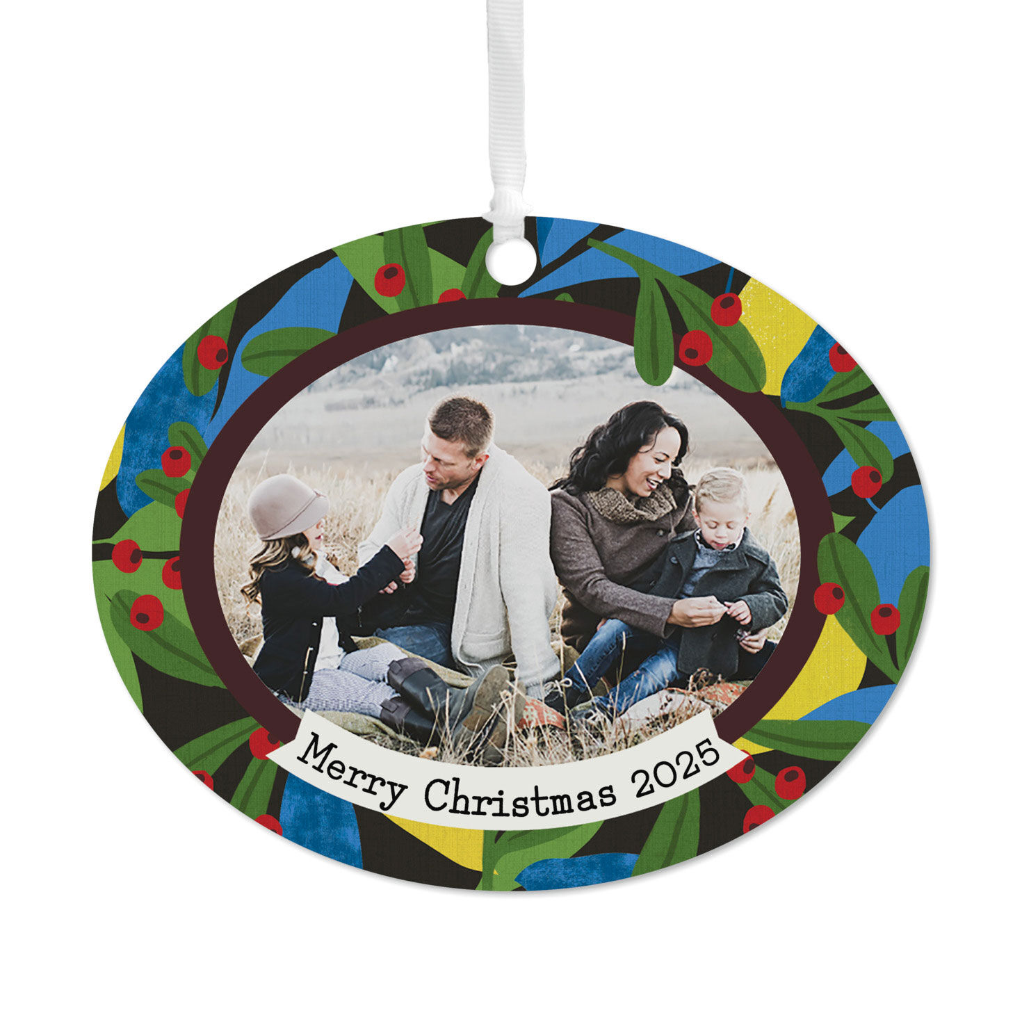 Holiday Holly Horizontal Oval Metal Personalized Ornament, Custom Photo and Text