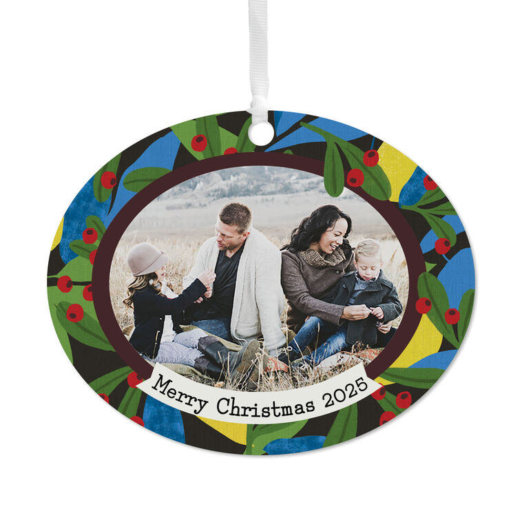 Holiday Holly Horizontal Oval Metal Personalized Ornament, Custom Photo and Text