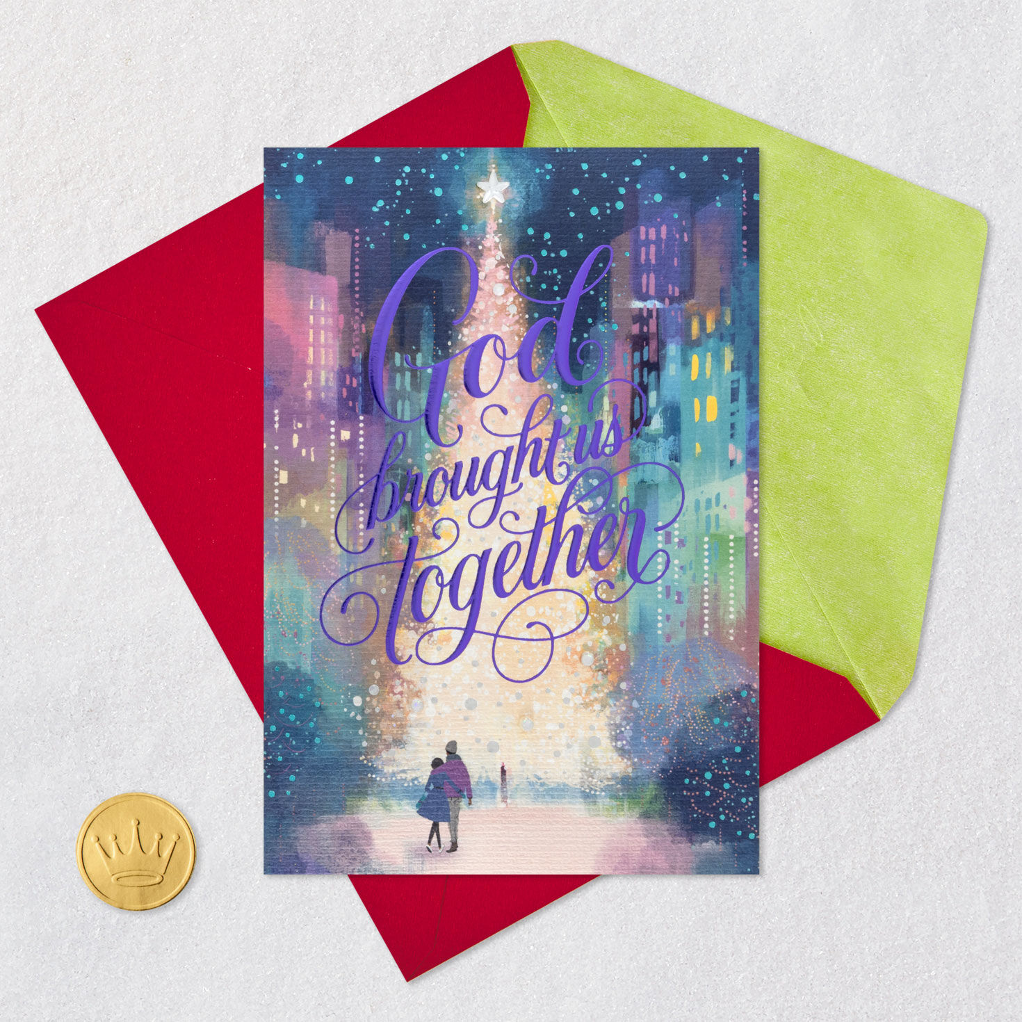 Couple With Tree in City Christmas Card Card Front with Envelope and Gold Seal image number 6