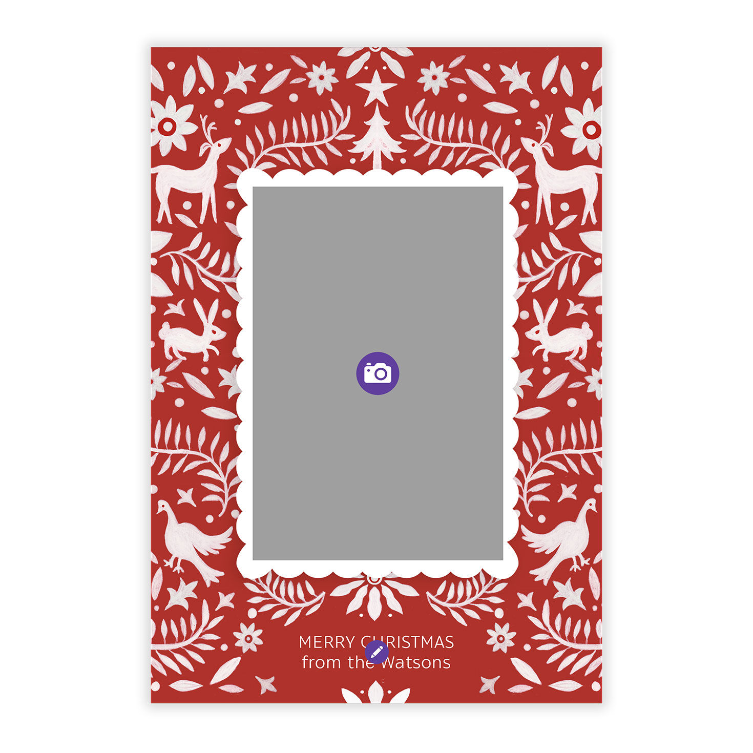 Red Nordic Pattern Personalized Christmas Photo Card Card Front indicating personalization image number 5