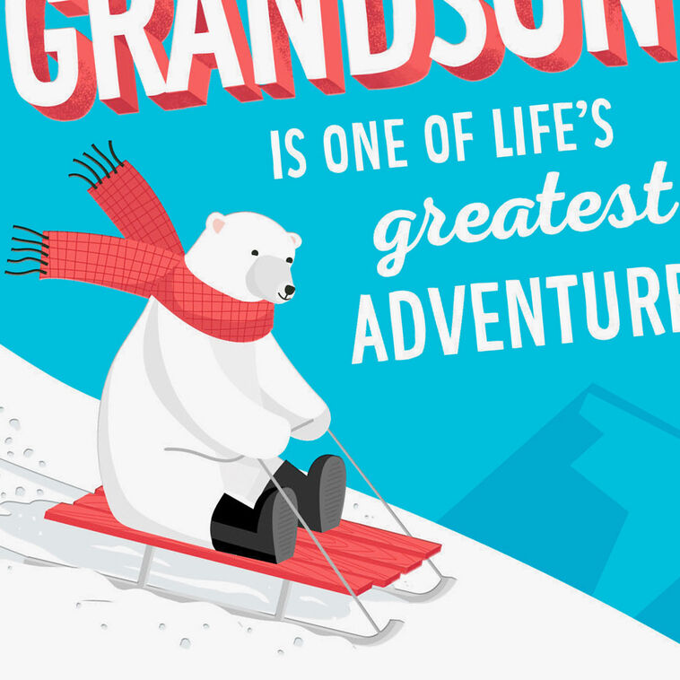 Sledding Polar Bear Christmas Card for Grandson Card Front Detail image number 5