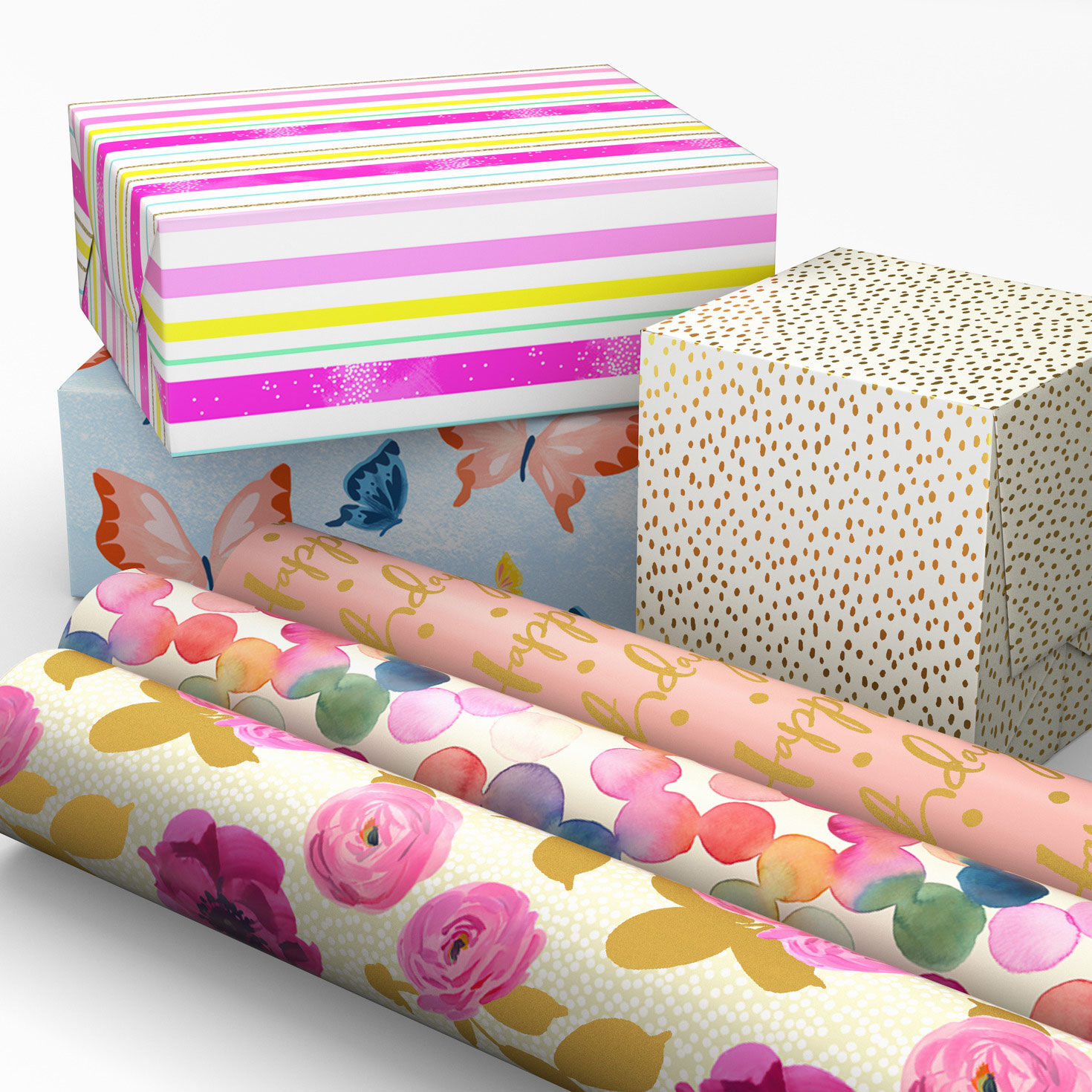 Pastel and Gold Floral 6-Pack Assorted Wrapping Paper Roll Bundle, 180 ...