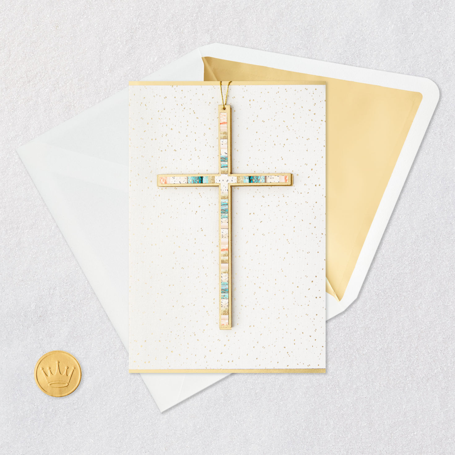 Gold and Teal Removable Cross Blank Card Card Front with Envelope and Gold Seal image number 5