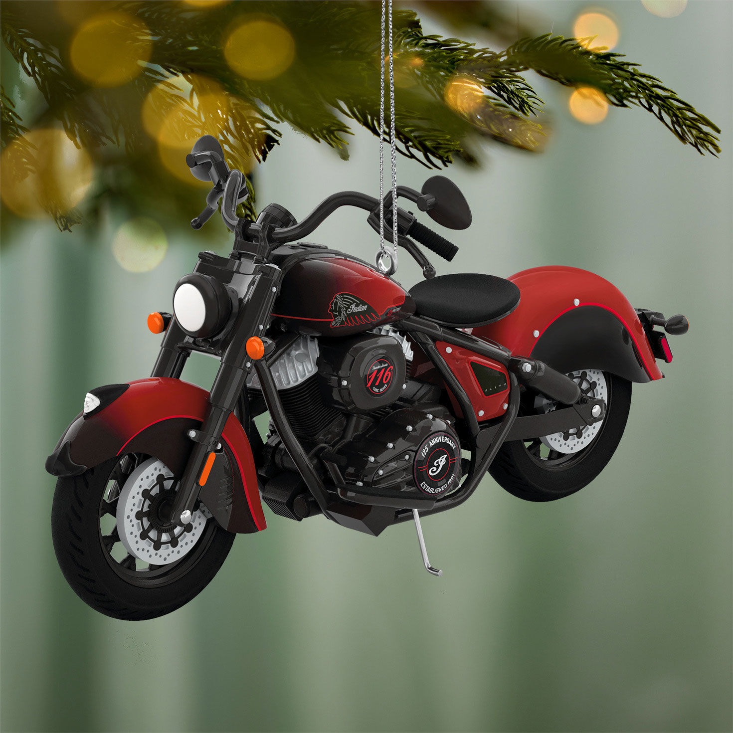 Red Black Indian Motorcycle Keepsake Ornament Hanging on tree image number 2