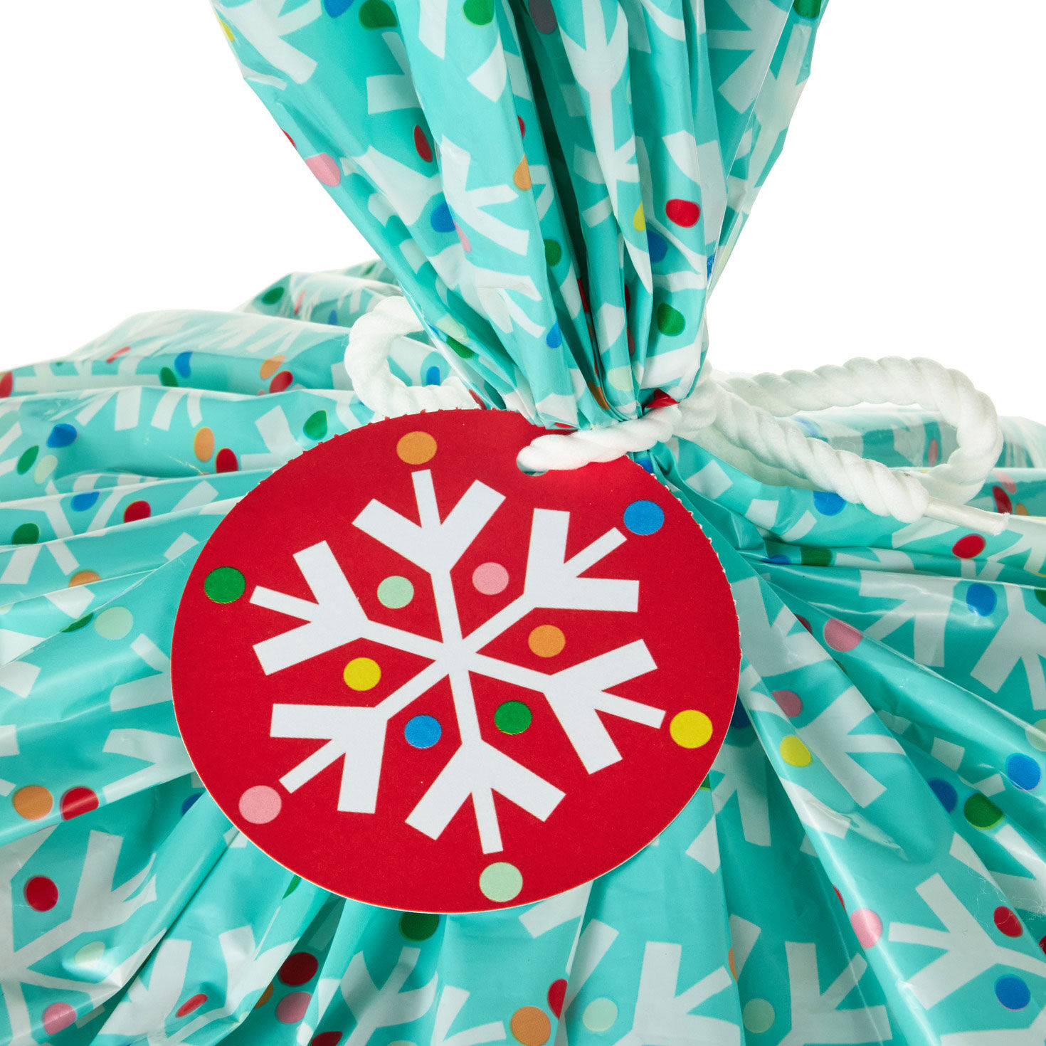 Snowflakes on Blue Giant Plastic Holiday Gift Bag Tag Detail image number 5