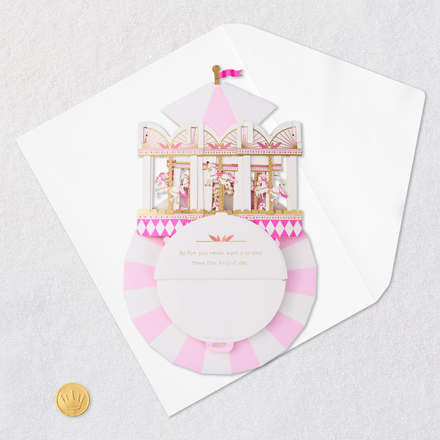 Pink Carousel Musical Pop-Up Birthday Card Card Front with Envelope and Gold Seal image number 7