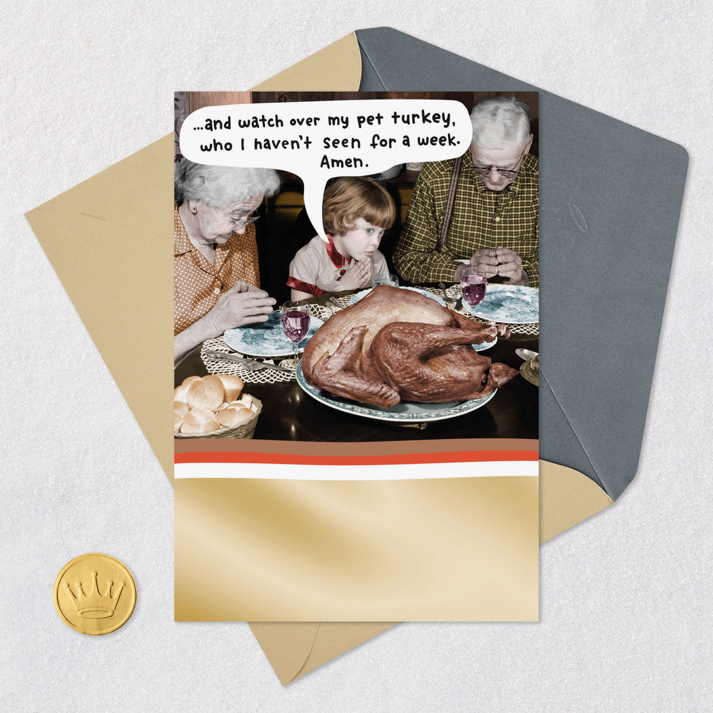 Vintage Photo Thanksgiving Dinner Funny Card Card Front with Envelope and Gold Seal image number 5