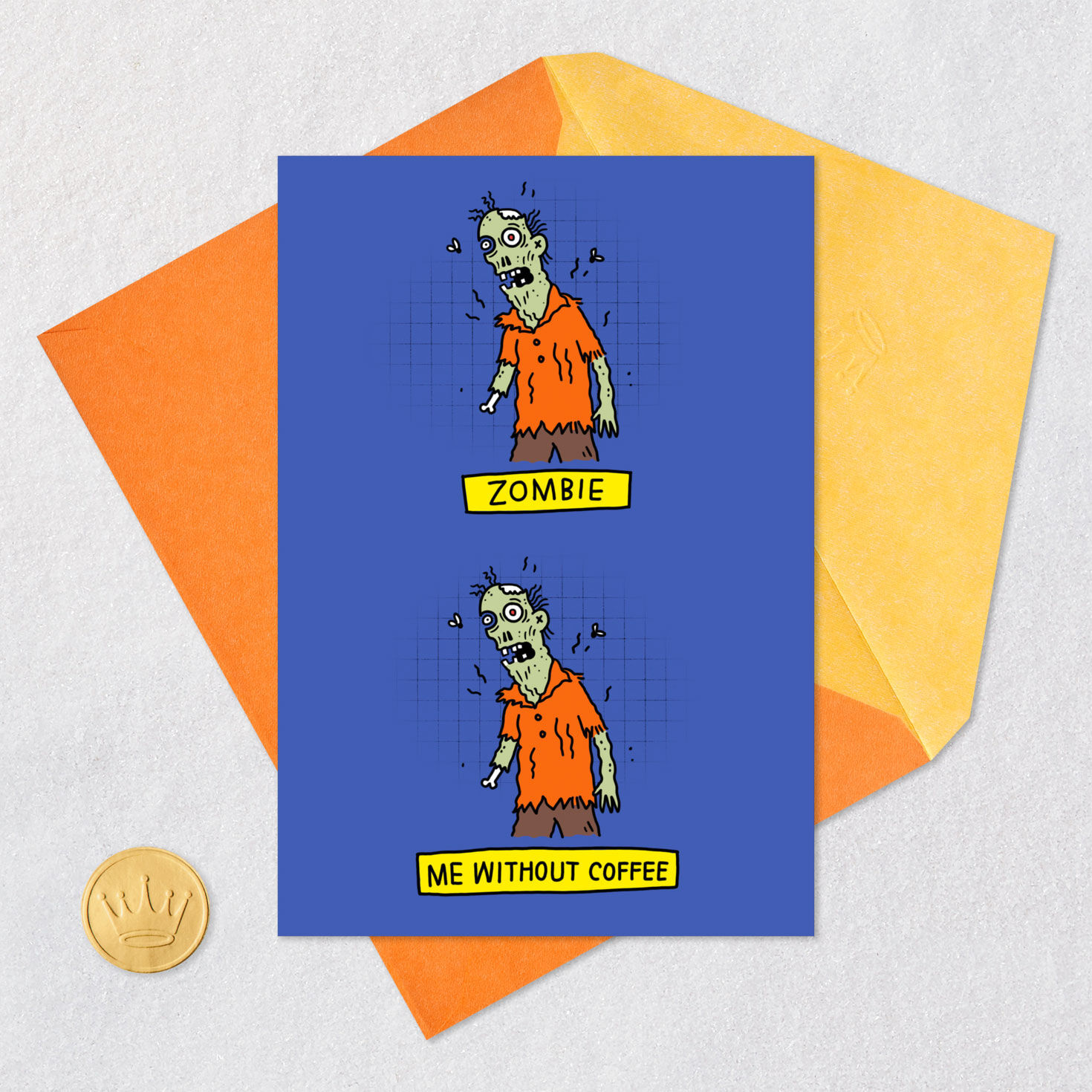 Zombie Without Coffee Funny Halloween Card Card Front with Envelope and Gold Seal image number 5