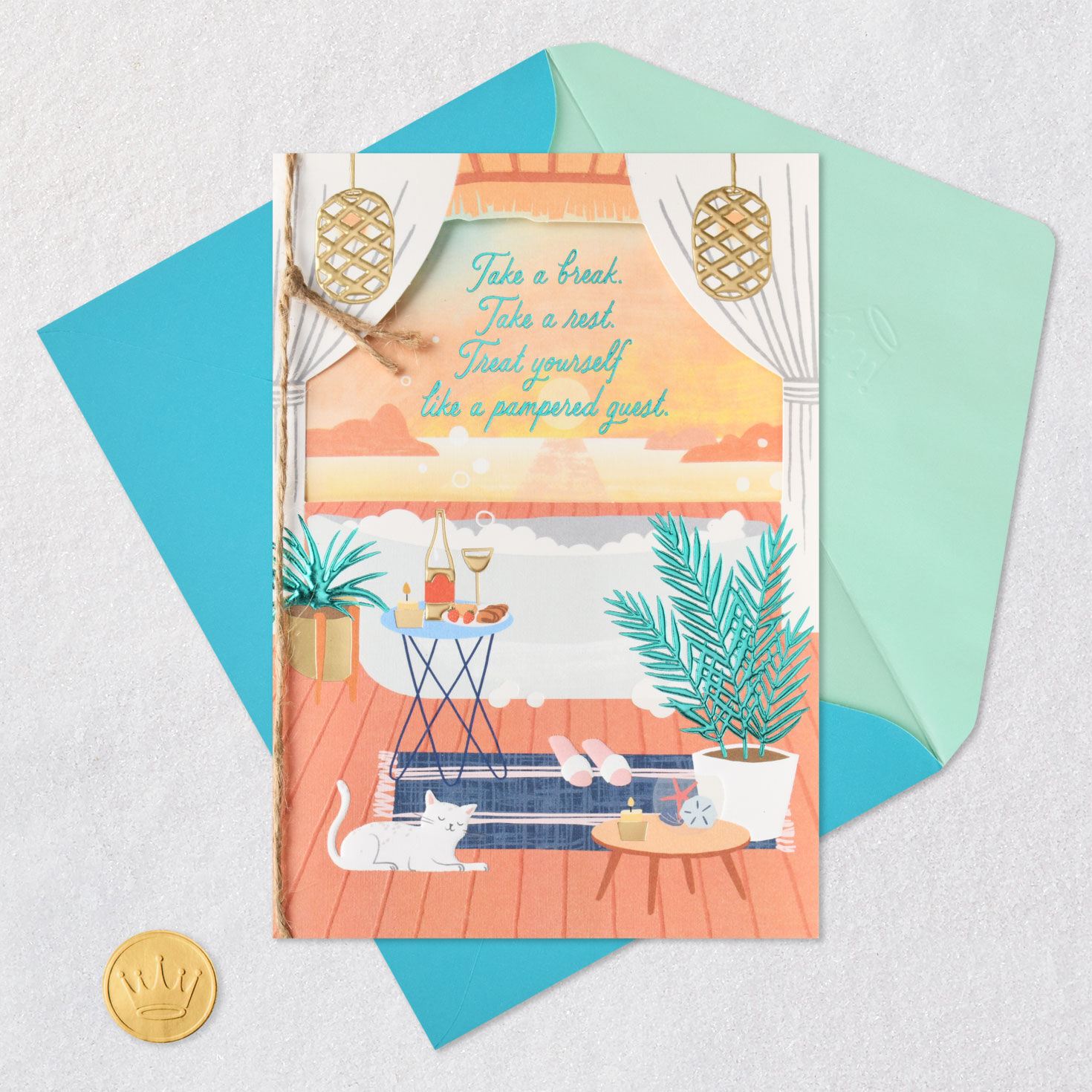Hallmark birthday greeting card for friend features a calming tableau of a tub full of bubbles in a room with tropical plants, a table with champagne and a white cat resting on the floor. Card Front with Envelope and Gold Seal image number 6