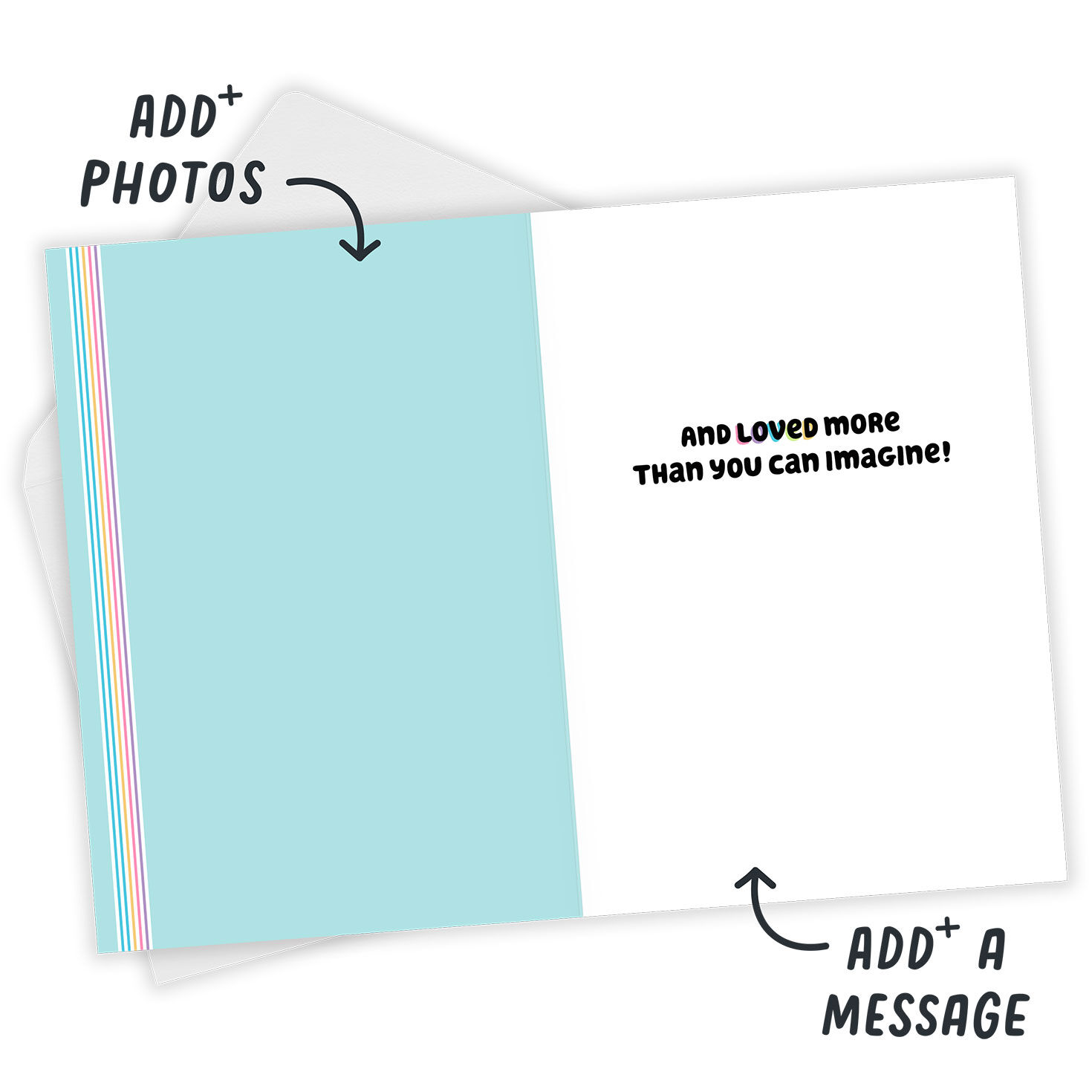 Bubble Letters Rainbow Rays Personalized Card Open Card with Envelope indicating personalization image number 3