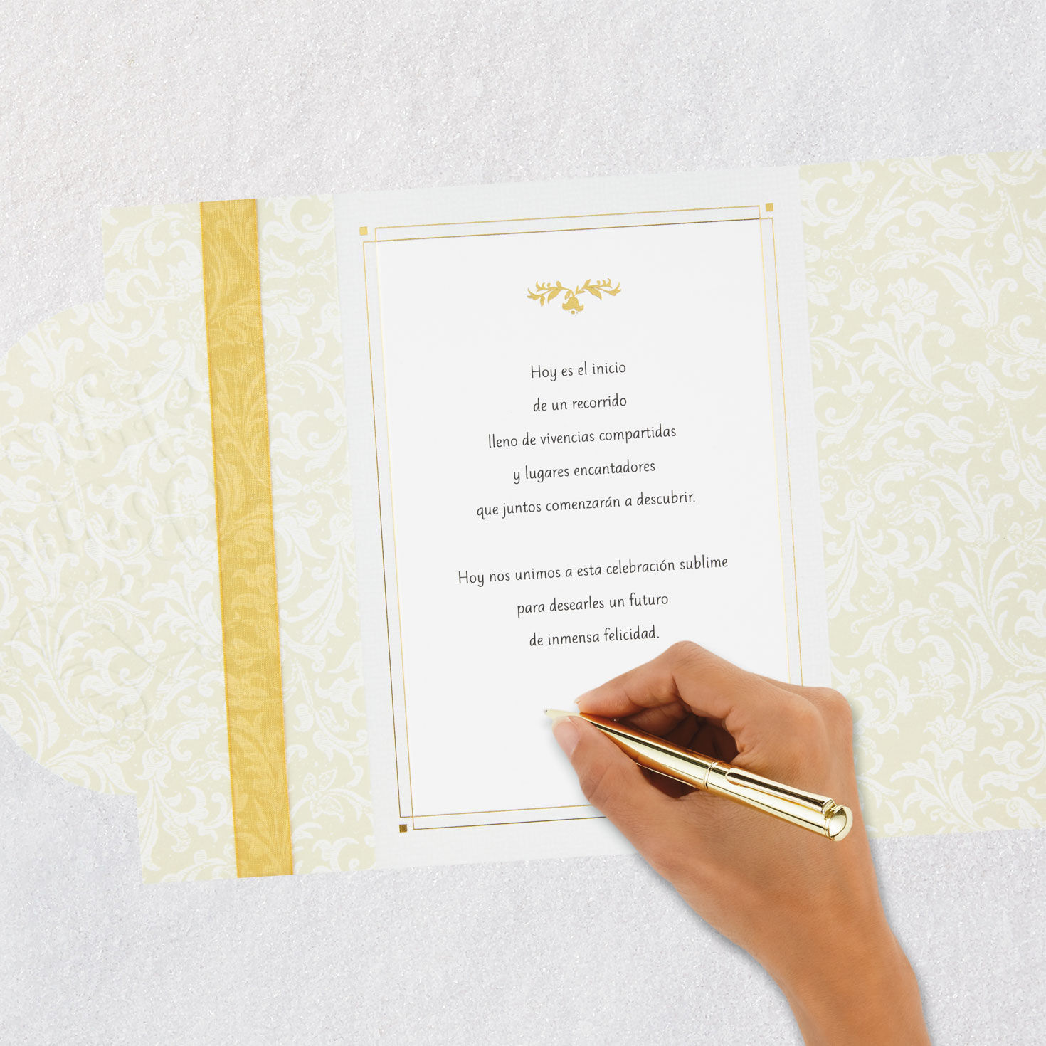 Beige Damask With Gold Ribbon Wedding Card in Spanish Signing card image number 6