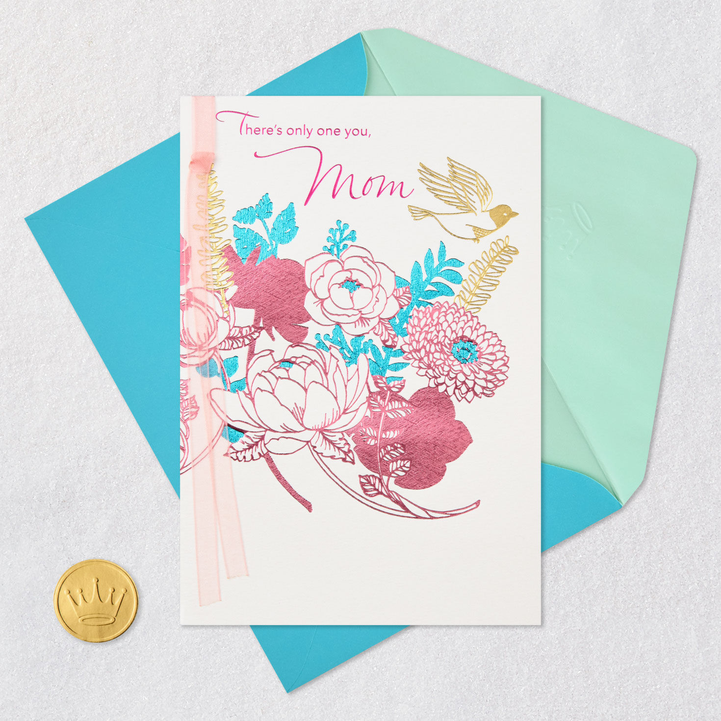 Pink Flowers and Gold Bird Mom Mother's Day Card Card Front with Envelope and Gold Seal image number 6