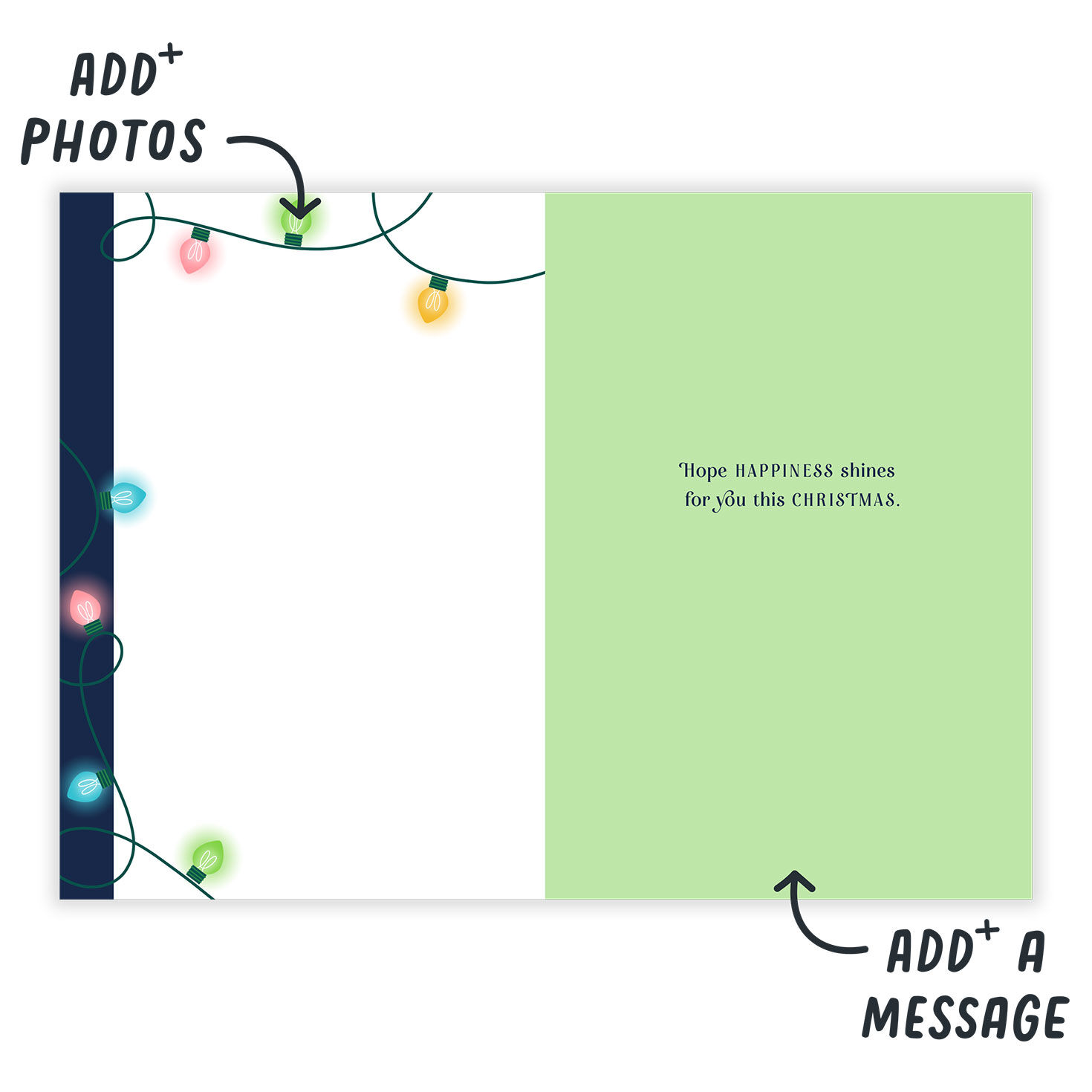 String Lights Blue Frame Personalized Christmas Card Open Card indicating personalization image number 3