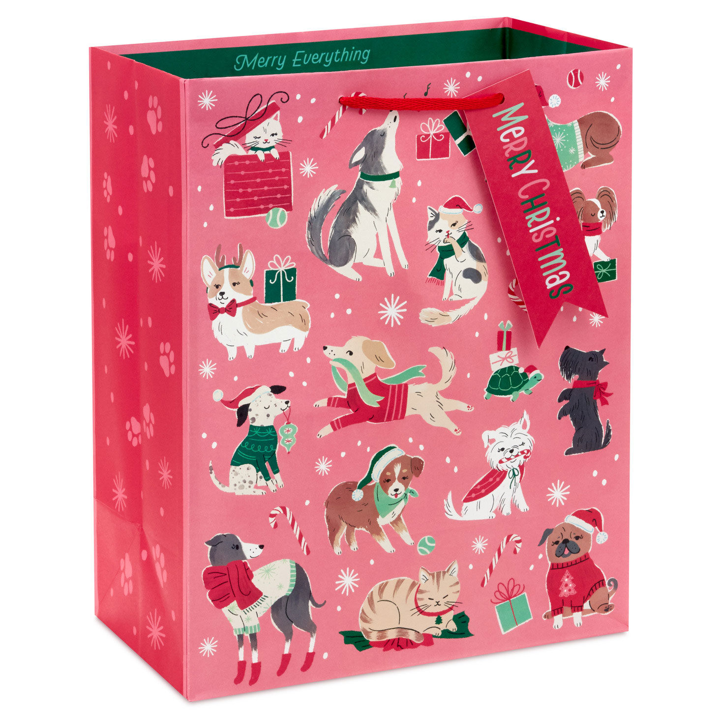 13" Retro Dogs and Cats on Pink Large Christmas Gift Bag