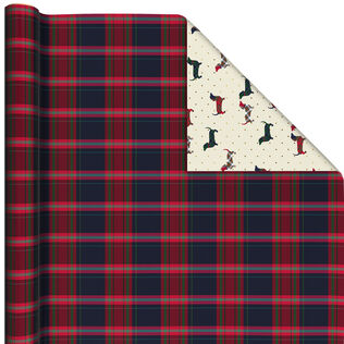Navy and Red Plaid/Dachshund on Cream Christmas Reversible Wrapping Paper Roll, 30 sq. ft.