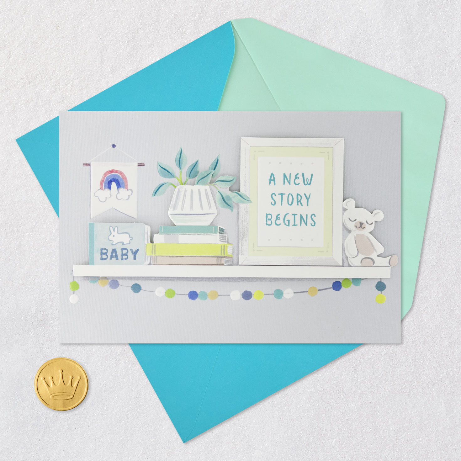 Books and Decor on Nursery Shelf New Baby Card Card Front with Envelope and Gold Seal image number 5