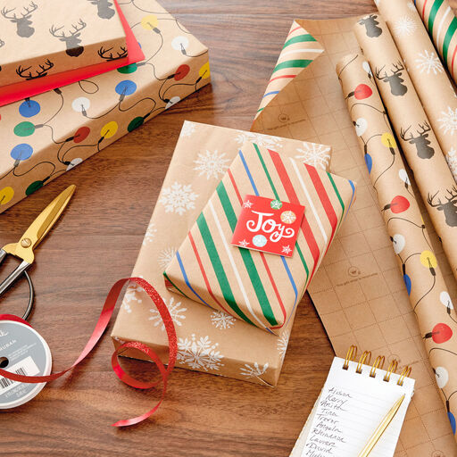 Classic Christmas 4-Pack Kraft Wrapping Paper Assortment, 88 sq