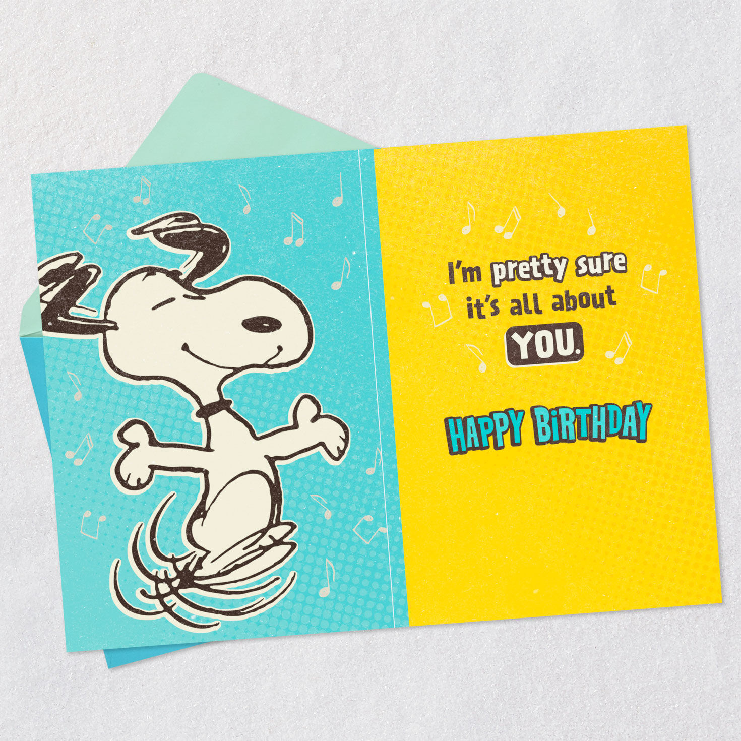 Snoopy Happy Dance on Blue Musical Birthday Card Open card with envelope image number 3