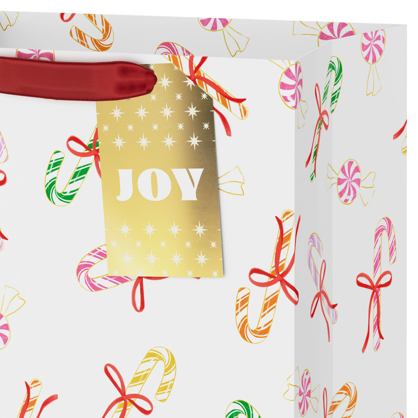 Colorful Candy Canes on White Large Holiday Gift Bag Handle Detail image number 4