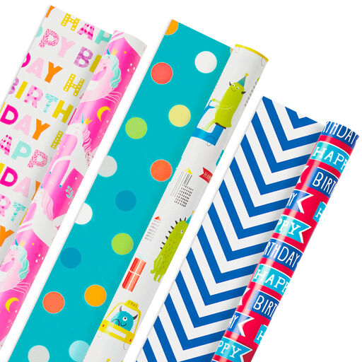 Colorful Kid Birthday 3-Pack Reversible Wrapping Paper, 120 sq. ft. total, 
