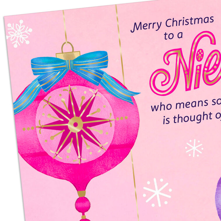 Pink, Teal and Purple Ornaments Niece Christmas Card Card Front Detail image number 4