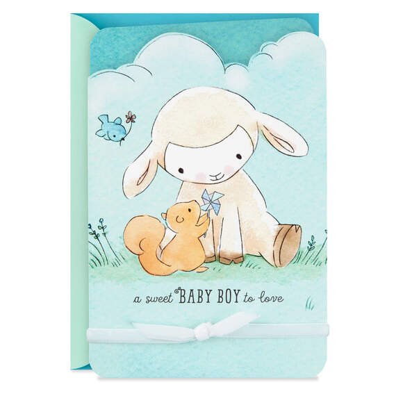 Great Big Love Lamb and Squirrel New Baby Boy Card, , large image number 1