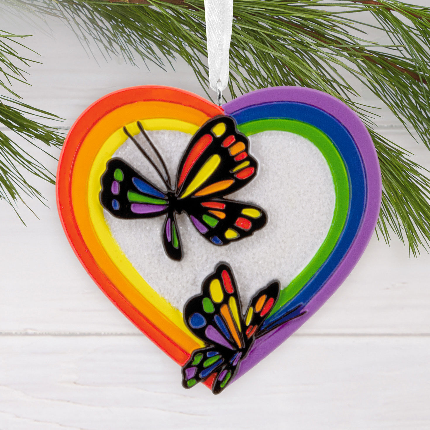 Rainbow Heart With Butterflies Christmas Ornament hanging on tree image number 2
