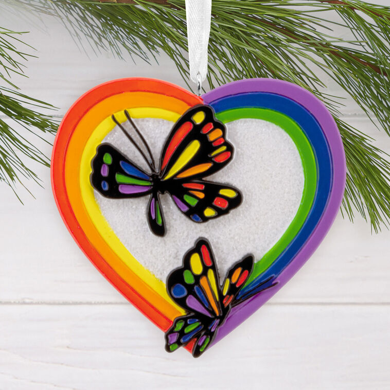 Rainbow Heart With Butterflies Christmas Ornament hanging on tree image number 2