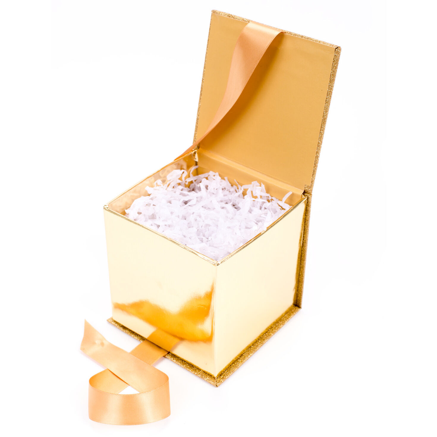 Gold Glitter 4x4 Small Gift Box With Shredded Paper Filler