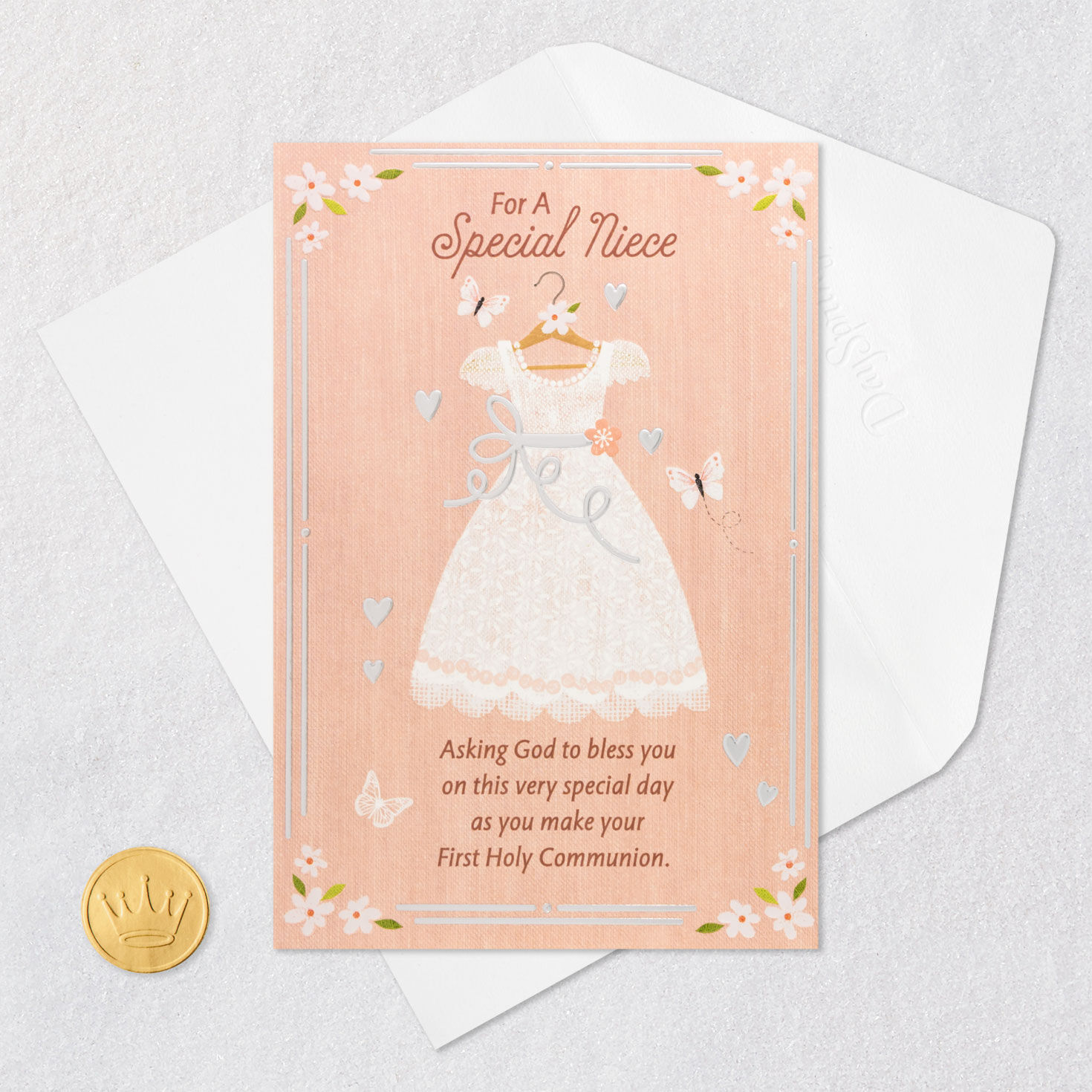 White Dress on Pink First Communion Card for Niece Card Front with Envelope and Gold Seal image number 6