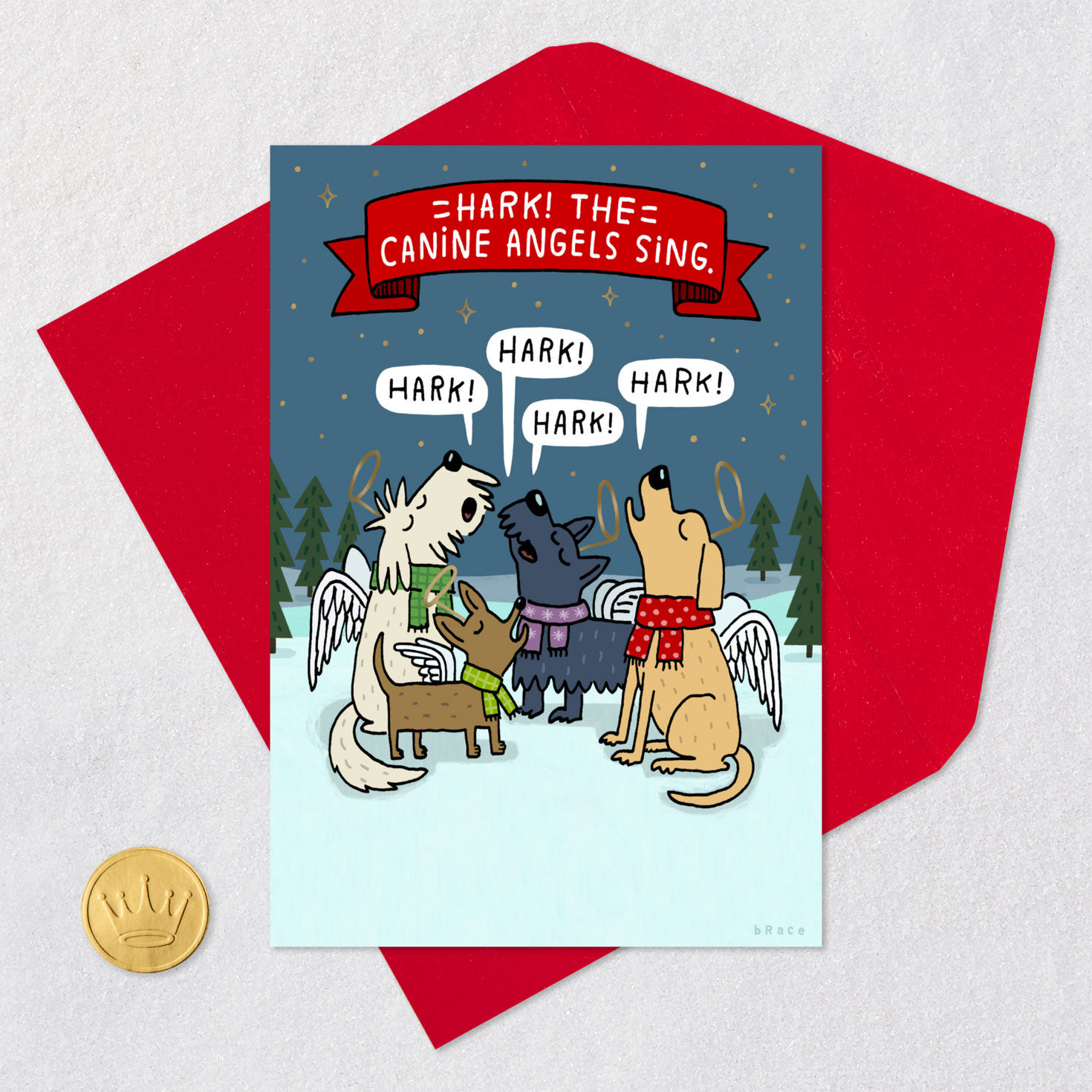Singing Dogs With Angel Wings Funny Christmas Card Card Front with Envelope and Gold Seal image number 5