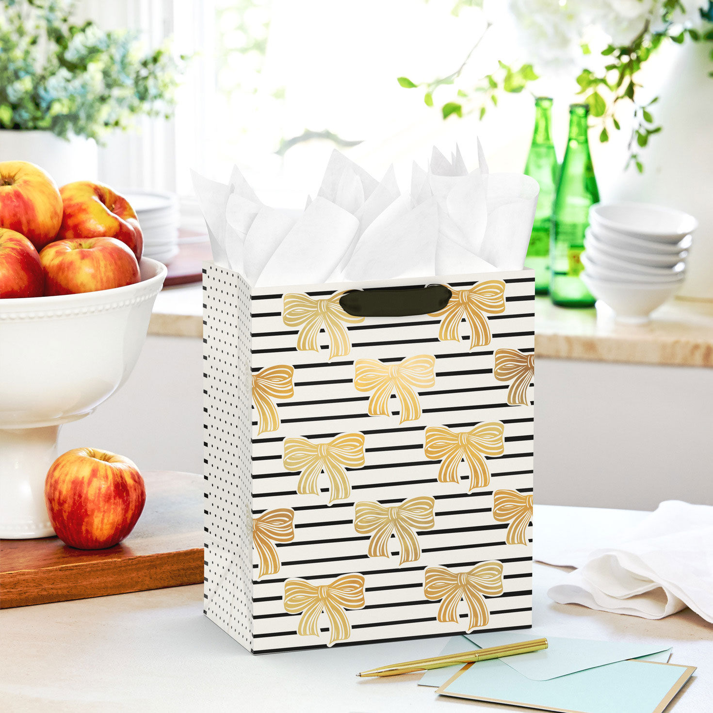 Shiny Gold Bows on Horizontal Stripes Medium Gift Bag in use image number 2