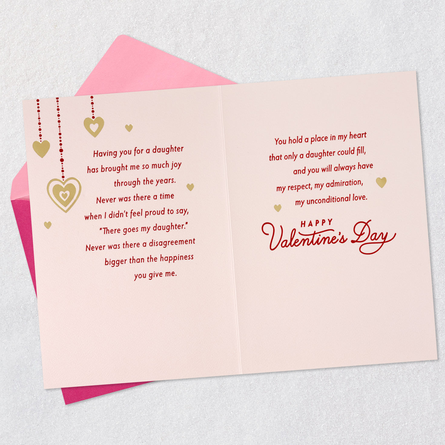 Red and Gold Hearts on Pink Daughter Valentine's Card Open card with envelope image number 4