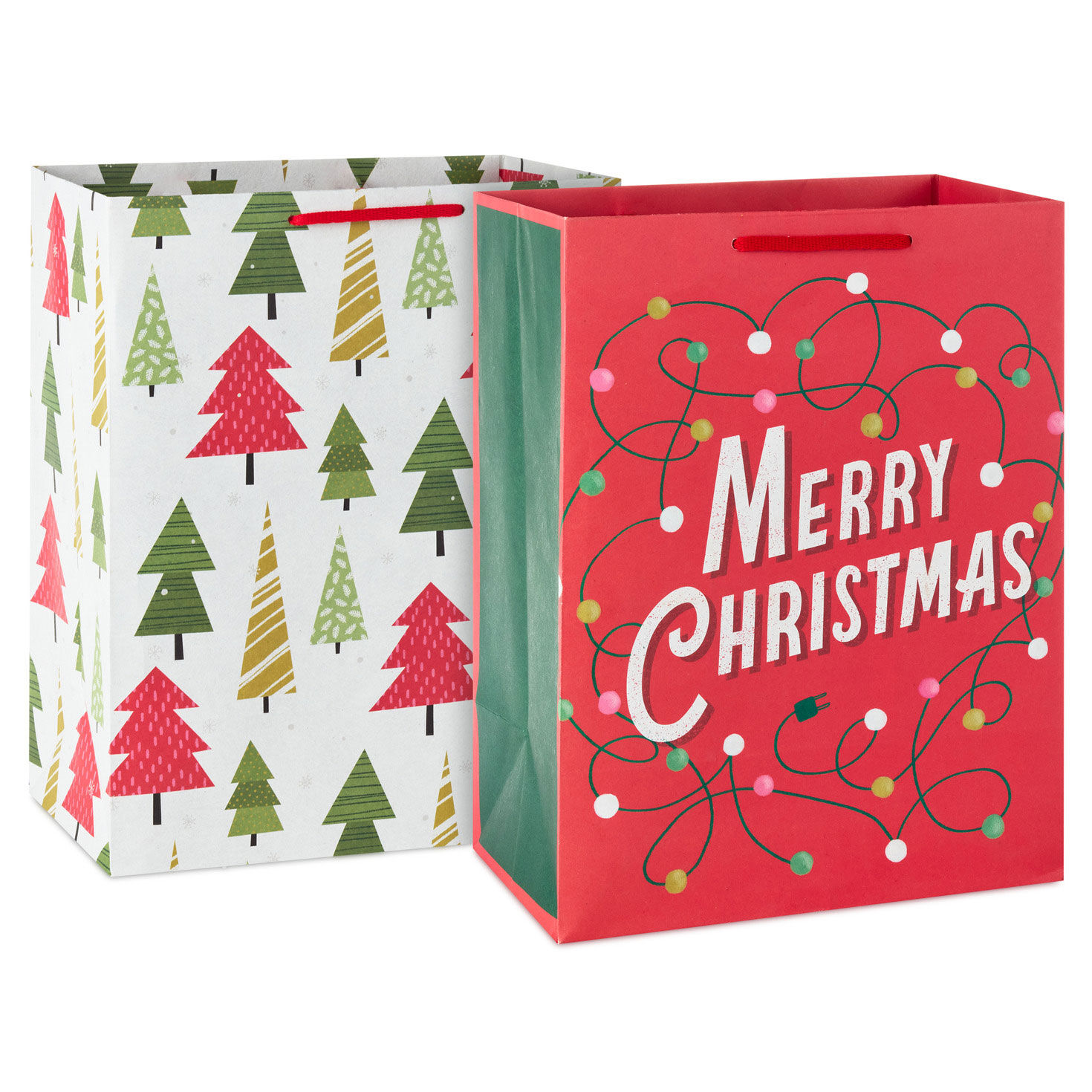 11.5" Lights on Red and Trees on White 2-Pack Assorted Large Christmas Gift Bag Bundle