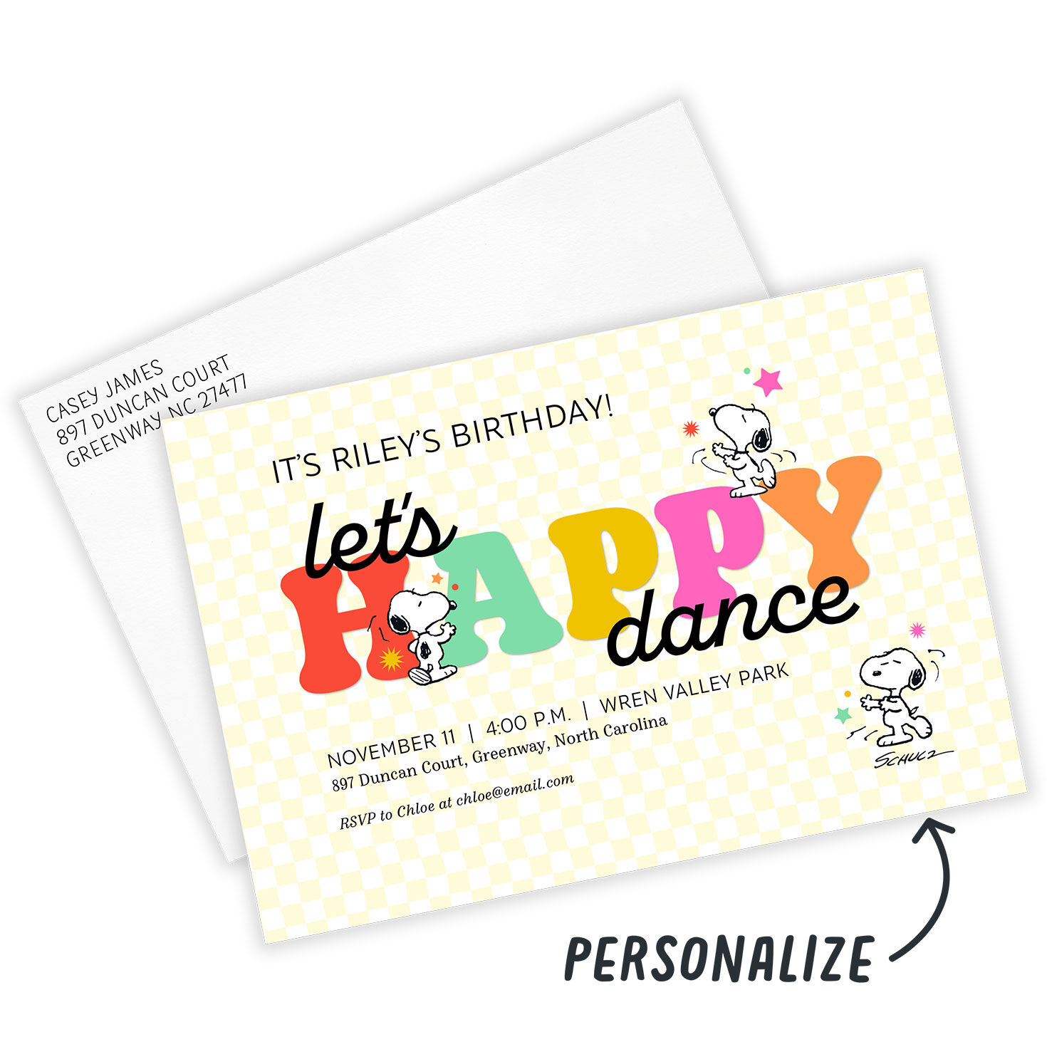 Snoopy Happy Dance Personalized Party Invitation Card with Envelope indicating personalization image number 2