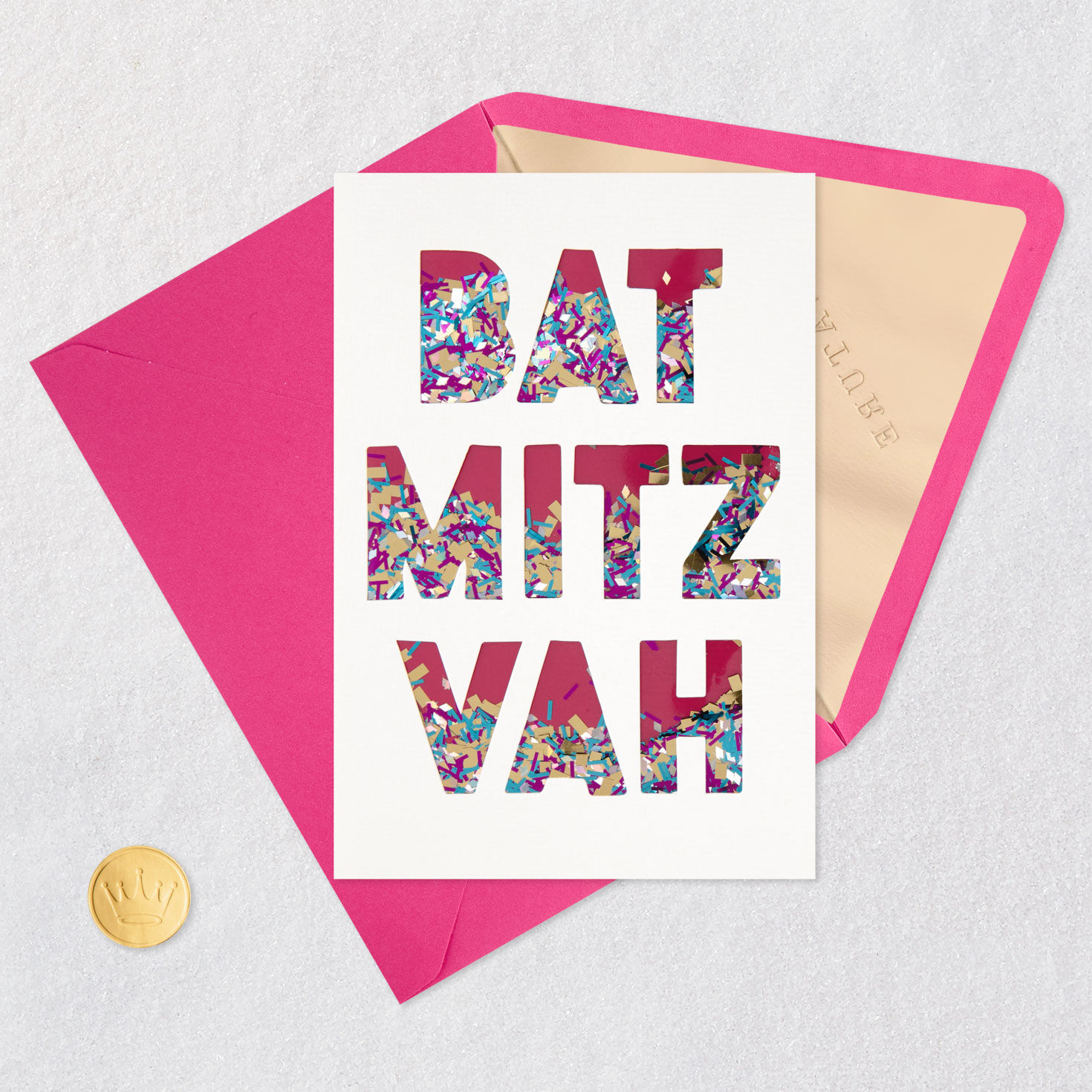 Pink and Gold Confetti Lettering Bat Mitzvah Card Pop-up Card Detail image number 5