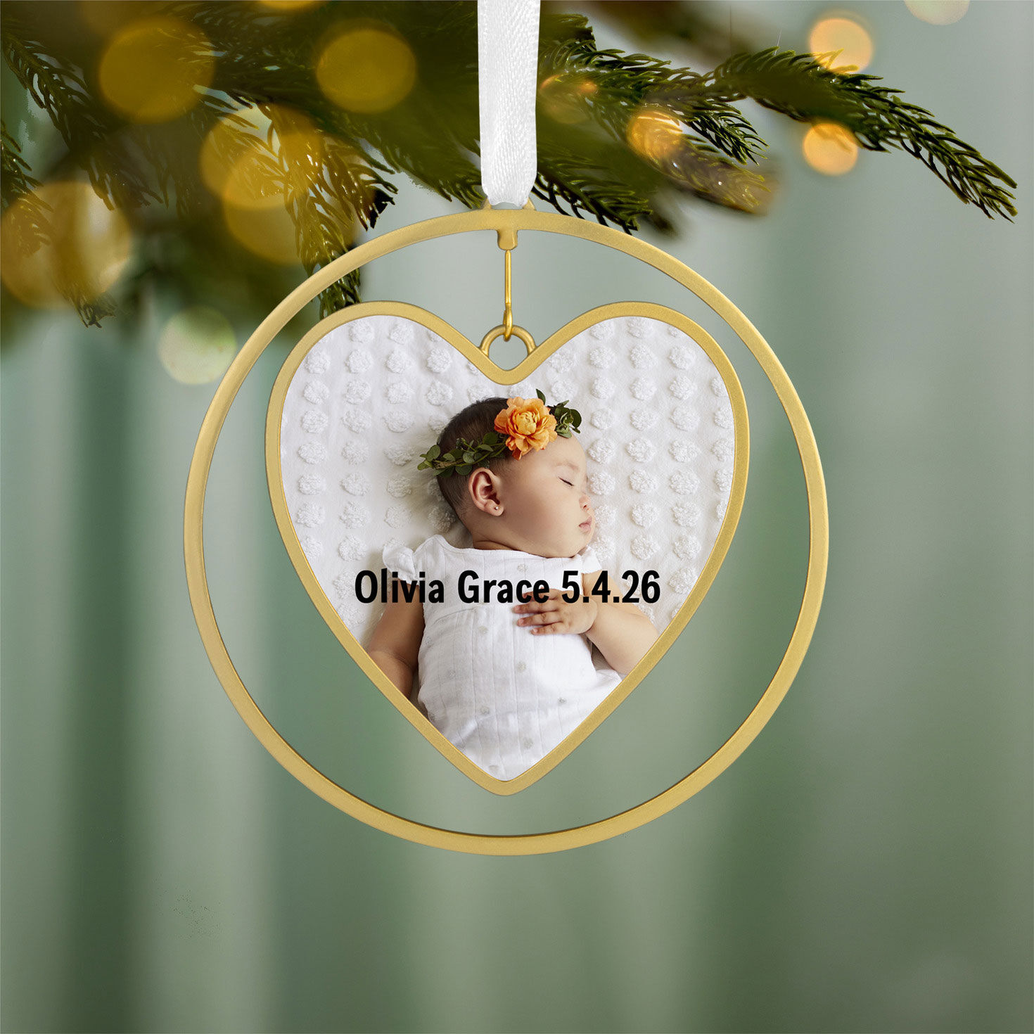 Gold Heart Personalized Photo & Text Ornament hanging on tree image number 2