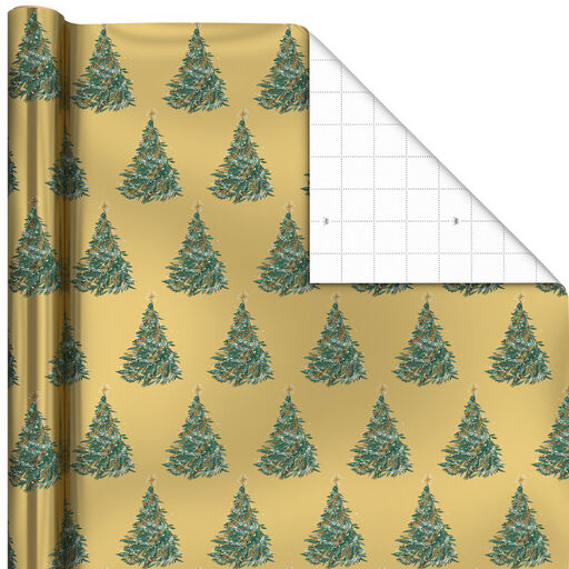Christmas Trees on Gold Foil Holiday Wrapping Paper, 22.5 sq. ft., 